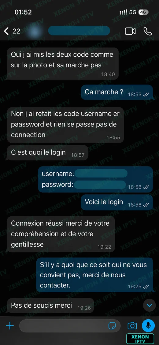 avis premier iptv — connexion réussie après envoi des identifiants