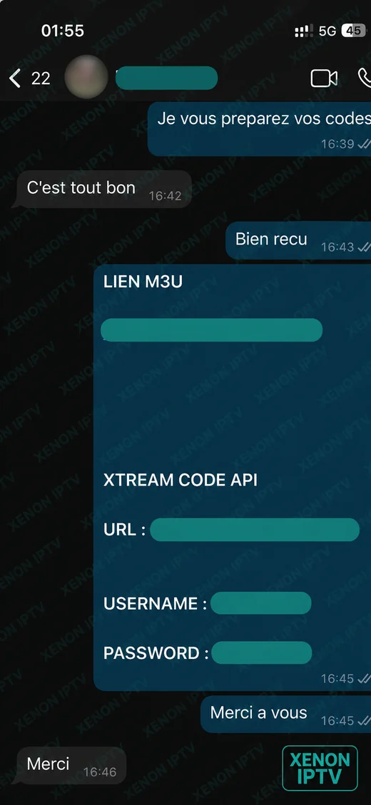 avis premier iptv — codes Xtream et lien M3U reçus par l'abonné