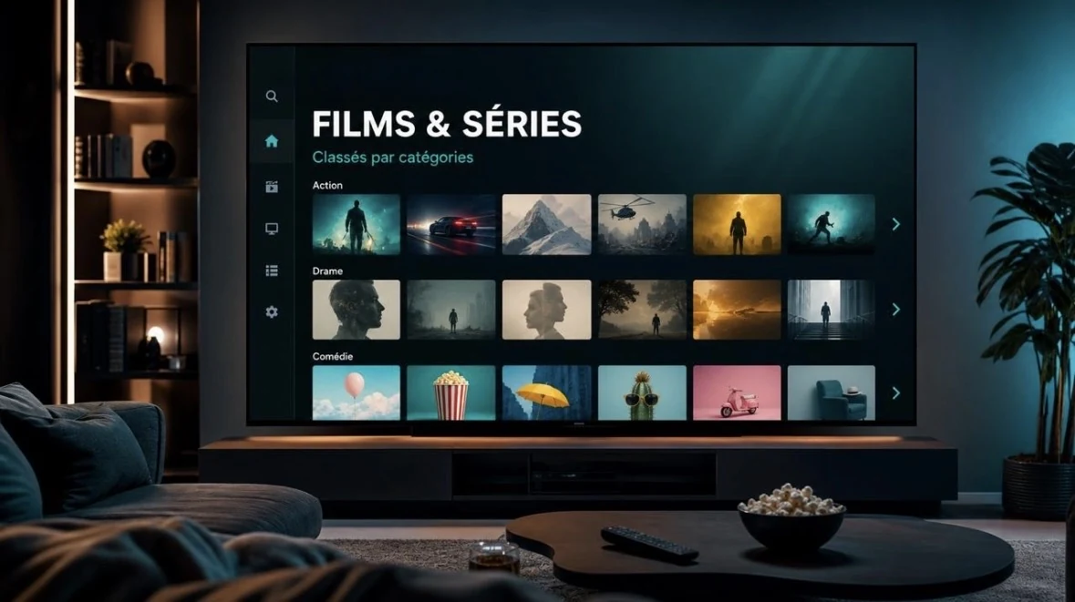 Premier IPTV — interface films et séries classés par catégories affichée sur un téléviseur de salon